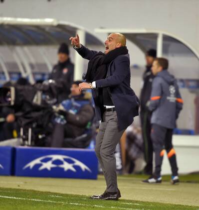 17.02.2015, Fussball Champions-League 2014 2015, Achtelfinale Hinspiel in Lwiw (Ukraine), Schachtar Donezk - FC Bayern München, Trainer Pep Guardiola (Bayern München) in Rage. 