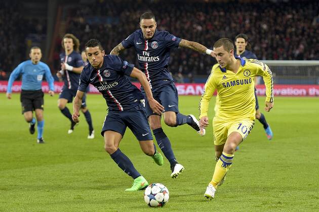 Marquinhos Gregory van der Wiel (PSG) vs Eden Hazard (Chelsea) FOOTBALL : PSG vs Chelsea - League des Champions - 17 02 2015 JBAutissier Panoramic 