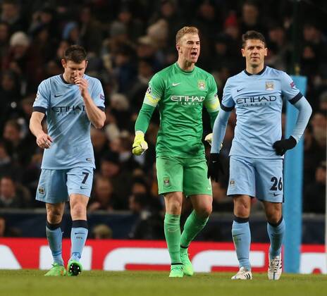 Joe Hart of Manchester City shouts at his players following the second goal - UEFA Champions League last-16 First Leg - Manchester City vs Barcelona - Etihad Stadium - Manchester - England - 24th February 2015 - Picture Simon Bellis Sportimage EDITORIAL USE ONLY. No use with unauthorised audio, video, data, fixture lists, club league logos or live services. Online in-match use limited to 120 images, no video emulation. No use in betting, games or single club league player publications.