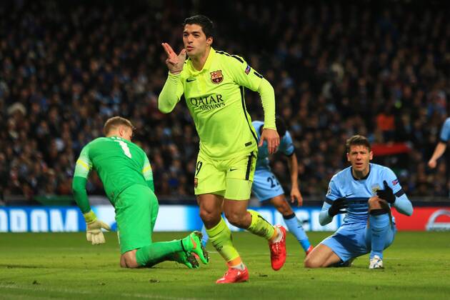 Luis Suarez of Barcelona celebrates his second goal - Manchester City vs. Barcelona - UEFA Champions League - Etihad Stadium - Manchester - 25 02 2015 Pic Philip Oldham Sportimage EDITORIAL USE ONLY. No use with unauthorised audio, video, data, fixture lists, club league logos or live services. Online in-match use limited to 120 images, no video emulation. No use in betting, games or single club league player publications.