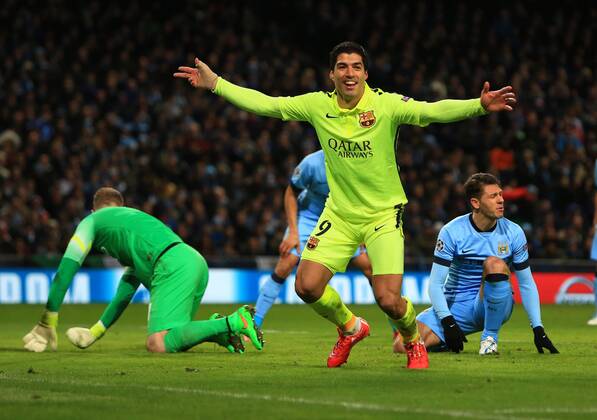 Luis Suarez of Barcelona celebrates his second goal - Manchester City vs. Barcelona - UEFA Champions League - Etihad Stadium - Manchester - 25 02 2015 Pic Philip Oldham Sportimage EDITORIAL USE ONLY. No use with unauthorised audio, video, data, fixture lists, club league logos or live services. Online in-match use limited to 120 images, no video emulation. No use in betting, games or single club league player publications.