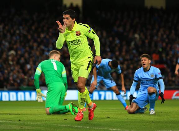 Luis Suarez of Barcelona celebrates his second goal - Manchester City vs. Barcelona - UEFA Champions League - Etihad Stadium - Manchester - 25 02 2015 Pic Philip Oldham Sportimage EDITORIAL USE ONLY. No use with unauthorised audio, video, data, fixture lists, club league logos or live services. Online in-match use limited to 120 images, no video emulation. No use in betting, games or single club league player publications.