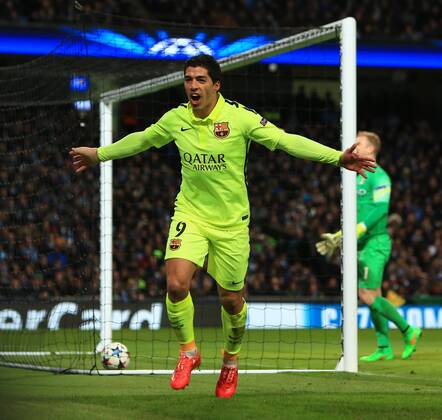 Luis Suarez of Barcelona celebrates his second goal - Manchester City vs. Barcelona - UEFA Champions League - Etihad Stadium - Manchester - 25 02 2015 Pic Philip Oldham Sportimage EDITORIAL USE ONLY. No use with unauthorised audio, video, data, fixture lists, club league logos or live services. Online in-match use limited to 120 images, no video emulation. No use in betting, games or single club league player publications.