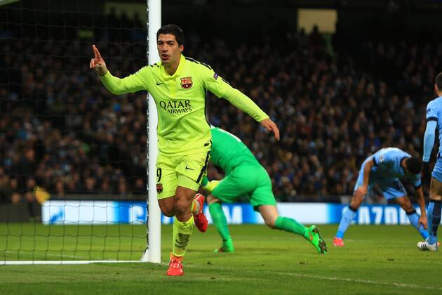 Luis Suarez of Barcelona celebrates his second goal - Manchester City vs. Barcelona - UEFA Champions League - Etihad Stadium - Manchester - 25 02 2015 Pic Philip Oldham Sportimage EDITORIAL USE ONLY. No use with unauthorised audio, video, data, fixture lists, club league logos or live services. Online in-match use limited to 120 images, no video emulation. No use in betting, games or single club league player publications.