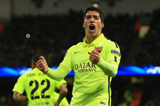 Luis Suarez of Barcelona celebrates his second goal - Manchester City vs. Barcelona - UEFA Champions League - Etihad Stadium - Manchester - 25 02 2015 Pic Philip Oldham Sportimage EDITORIAL USE ONLY. No use with unauthorised audio, video, data, fixture lists, club league logos or live services. Online in-match use limited to 120 images, no video emulation. No use in betting, games or single club league player publications.
