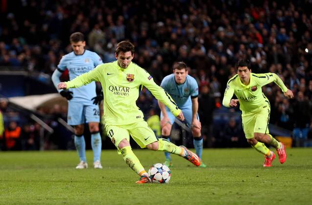 Lionel Messi of Barcelona takes his penalty which was saved by Joe Hart of Manchester City - UEFA Champions League last-16 First Leg - Manchester City vs Barcelona - Etihad Stadium - Manchester - England - 24th February 2015 - Picture Simon Bellis Sportimage EDITORIAL USE ONLY. No use with unauthorised audio, video, data, fixture lists, club league logos or live services. Online in-match use limited to 120 images, no video emulation. No use in betting, games or single club league player publications.