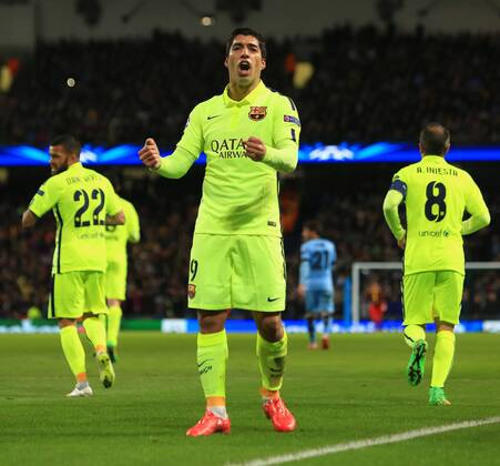 Luis Suarez of Barcelona celebrates his second goal - Manchester City vs. Barcelona - UEFA Champions League - Etihad Stadium - Manchester - EDITORIAL USE ONLY. No use with unauthorised audio, video, data, fixture lists, club league logos or live services. Online in-match use limited to 120 images, no video emulation. No use in betting, games or single club league player publications.