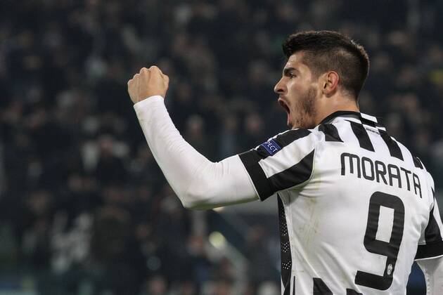 Feb. 24, 2015 - Turin, Italy - Juventus forward Alvaro Morata (9) celebrates after scoring his goal during the Uefa Champions League Round of 16 football match JUVENTUS - BORUSSIA DORTMUND on 24 02 15 at the Juventus Stadium in Turin, Italy. Copyright 2015 Ã‚Â© Matteo Bottanelli Championsleague, Juventus v Borussia  - ZUMAn230