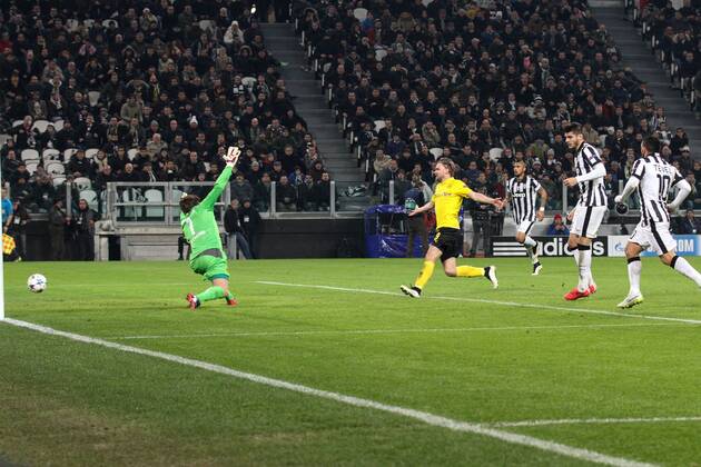 Feb. 24, 2015 - Turin, Italy - Juventus forward Alvaro Morata (9) scores his goal during the Uefa Champions League Round of 16 football match JUVENTUS - BORUSSIA DORTMUND on 24 02 15 at the Juventus Stadium in Turin, Italy. Copyright 2015 Ã‚Â© Matteo Bottanelli Championsleague, Juventus v Borussia  - ZUMAn230