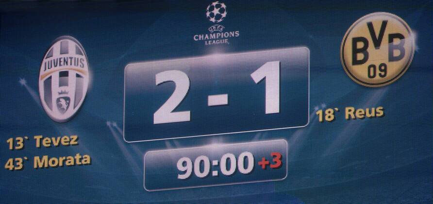 The Final Scoreboard, FEBRUARY 24, 2015 - Football Soccer : UEFA Champions League Round of 16 1st leg match between Juventus 2-1 Borussia Dortmund at Juventus Stadium in Turin, Italy. NoxThirdxPartyxSales  (ptmb071450)