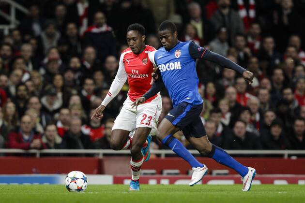 25.02.2015. London, England. Champions League Football. Arsenal versus AS Monaco. Arsenal& x2019;s Danny Welbeck in a tussle with AS Monaco& x2019;s Echi& xe9;jil& xe9; xCraigxMercerx  ActionPlus11600395