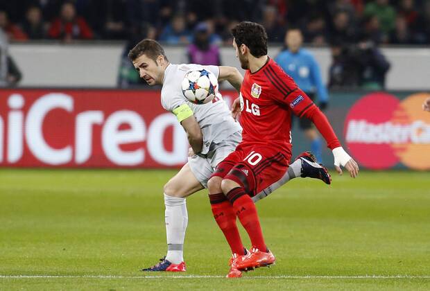 Gabi (Atletico Madrid) (L) against Leverkusens Hakan Calhanoglu during the Championsleague between Bayer 04 Leverkusen and Atletico Madrid, Bayarena in Leverkusen on February 25., 2015. Bayer 04 Leverkusen vs. Atletico Madrid im Achtelfinale der Champions League der Saison 2014 2015 am 25. Februar 2015.