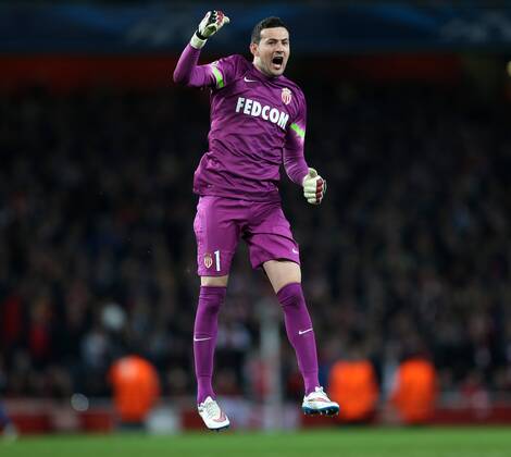 Monaco s Danijel Subasic celebrates his sides opening goal Champions League - Arsenal vs AS Monaco - Emirates Stadium - England - 25th February 2015 - Picture David Klein Sportimage EDITORIAL USE ONLY. No use with unauthorised audio, video, data, fixture lists, club league logos or live services. Online in-match use limited to 120 images, no video emulation. No use in betting, games or single club league player publications.