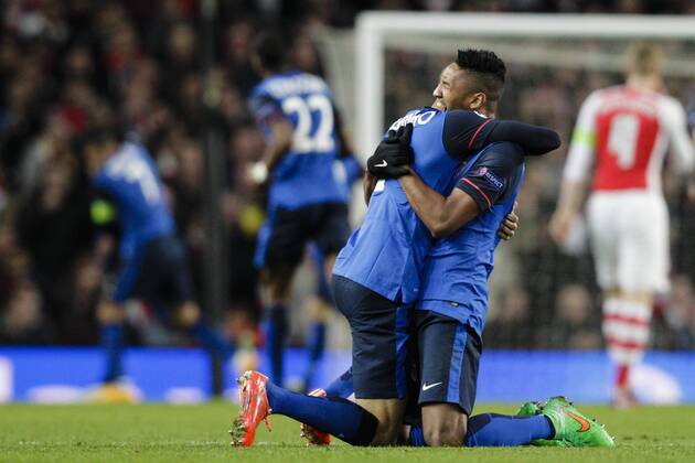 25.02.2015. London, England. Champions League Football. Arsenal versus AS Monaco. AS Monaco players celebrate going 2-0 up with the goal from Berbatov in the 53rd minute xCraigxMercerx  ActionPlus11600445