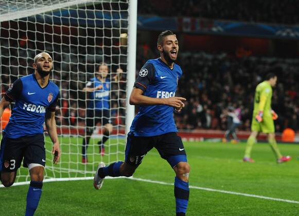 Football - 2014 2015 Champions League - Round of 16, First Leg: Arsenal vs. AS Monaco Yannick Ferreira Carrasco of Monaco celebrates scoring goal no. 3 in injury time at The Emirates. COLORSPORT ANDREW COWIE 