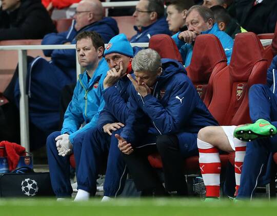 Arsenal s Arsene Wenger looks on dejected Champions League - Arsenal vs AS Monaco - Emirates Stadium - England - 25th February 2015 - Picture David Klein Sportimage EDITORIAL USE ONLY. No use with unauthorised audio, video, data, fixture lists, club league logos or live services. Online in-match use limited to 120 images, no video emulation. No use in betting, games or single club league player publications.