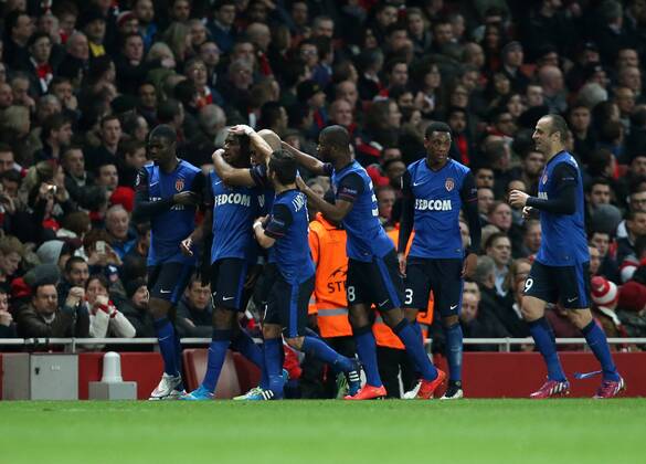 (150226) -- LONDON, Feb. 25, 2015 -- Players of Monaco celebrate after scoring during the UEFA Champions league Round of 16 first leg match between Arsenal and Monaco at the Emirates Stadium in London, Britain, on Feb. 25, 2015. Monaco won 3-1. ) (SP)BRITAIN-LONDON-FOOTBALL-CHAMPIONS LEAGUE-ROUND OF 16 1ST LEG-ARSENAL VS MONACO HanxYan 
