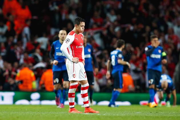 Alexis Sanchez (Arsenal), FEBRUARY 25, 2015 - Football Soccer : Alexis Sanchez of Arsenal reacts as Dimitar Berbatov of Monaco scores a goal to make it 2-0 during the UEFA Champions League Round of 16 first leg match between Arsenal and Monaco at Emirates Stadium, London. NoxThirdxPartyxSales  (MDGA005591)