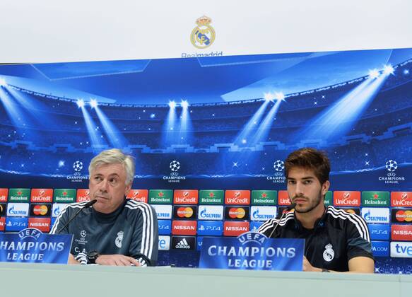 MADRID, ESPANA ? MAR 09: Carlo Ancelotti and Lucas Silva, press conference in Ciudad Deportiva Real Madrid (Valdebebas) for the next match in the Champions League 2014 15 in Santiago Bernabeu, 09 of March 2015 in Madrid 