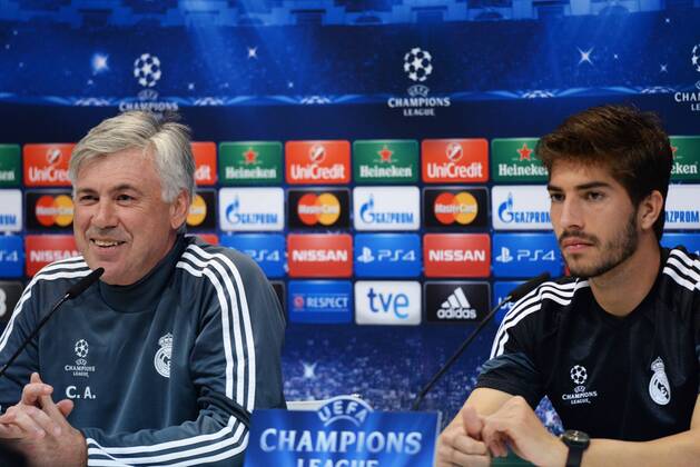 MADRID, ESPANA ? MAR 09: Carlo Ancelotti and Lucas Silva, press conference in Ciudad Deportiva Real Madrid (Valdebebas) for the next match in the Champions League 2014 15 in Santiago Bernabeu, 09 of March 2015 in Madrid 