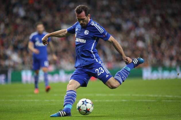 Madrid, Spain. 10th March 2014: Christian Fuchs defender from FC Schalke 04, scoring Champions League 2014 2015 Real Madrid CF - FC Schalke 04 