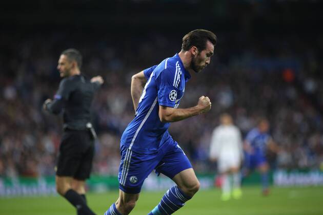 Madrid, Spain. 10th March 2014: Christian Fuchs defender from FC Schalke 04, celebrating after scoring Champions League 2014 2015 Real Madrid CF - FC Schalke 04 