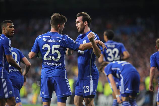 Madrid, Spain. 10th March 2014: Christian Fuchs defender from FC Schalke 04, celebrating after scoring Champions League 2014 2015 Real Madrid CF - FC Schalke 04 