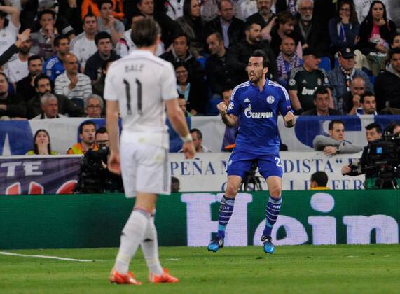 Schalke 04 Defender, Christian Christian Fuchs - Christian Christian Fuchs, number 23 celebrates after scoring a goal (0,1). Round 1 8 of the Champions League 2014 2015 Real Madrid CF - FC Schalke 04. 