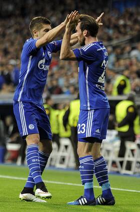 FC Schalke 04 s Christian Fuchs celebrate a goal during 2014-15 Champions League match between Real Madrid and FC Schalke 04 at Santiago Bernabeu stadium in Madrid, Spain. March 10, 2015.  (20150310008)