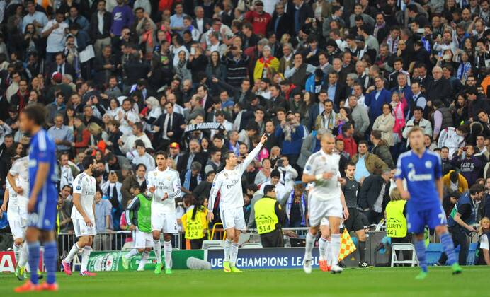10.03.2015, Fussball Champions League, Real Madrid - FC Schalke 04, v.l. Cristiano Ronaldo (Real Madrid) Celebration (2-2) -