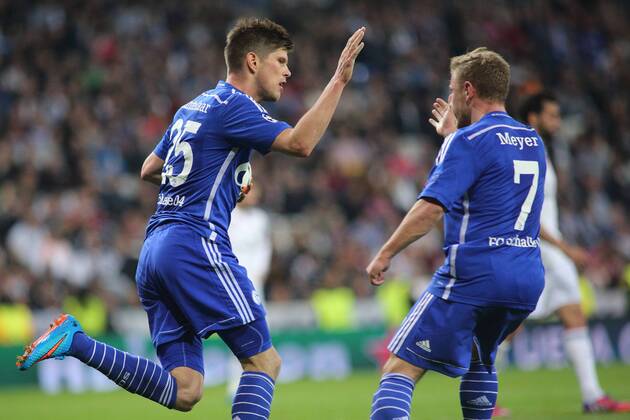 Madrid, Spain. 10th March 2014: Klaas Jan Huntelaar forward from FC Schalke 04, celebrating after scoring UEFA Champions League 2014 2015 Real Madrid CF - FC Schalke 04 