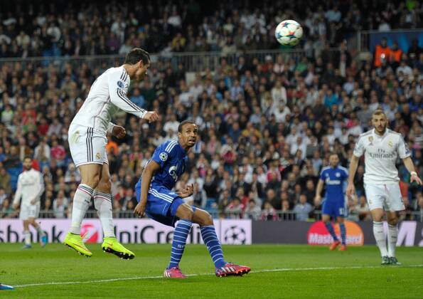 Real Madrid Forward, Cristiano Ronaldo, number 7 celebrates after scoring a goal (2,1). CHAMPIONS LEAGUE 2014 2015 Real Madrid - FC Schalke 04 . 