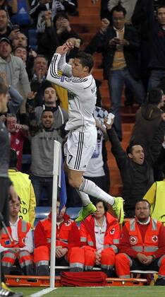 Soccer match between Real Madrid and FC Schalke 04 of the 2014 2015 Champions League, held at the Santiago Bernabeu stadium, in Madrid 10 03 2015. Cristiano Ronaldo celebrates after scoring 
