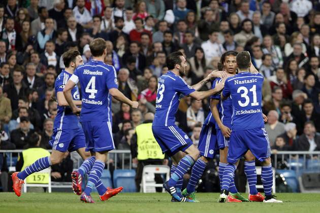 Aktuell Fußball, Champions League, Real Madrid - FC Schalke 04 FC Schalke 04 Leroy Sane scores during Champions League soccer match at Santiago Bernabeu stadium in Madrid, Spain. March, 10, 2015. Real Madrid - FC Schalke 04  20150310154
