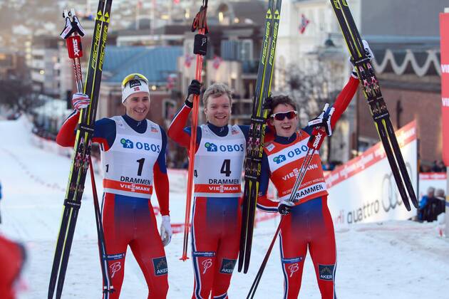 NORDIC SKIING - FIS WC Drammen DRAMMEN,NORWAY,11.MAR.15 - NORDIC SKIING, CROSS COUNTRY SKIING - FIS World Cup, sprint, men. Image shows the rejoicing of Finn Haagen Krogh (NOR), Paal Golberg (NOR) and Sindre Bjoernestad Skar (NOR).