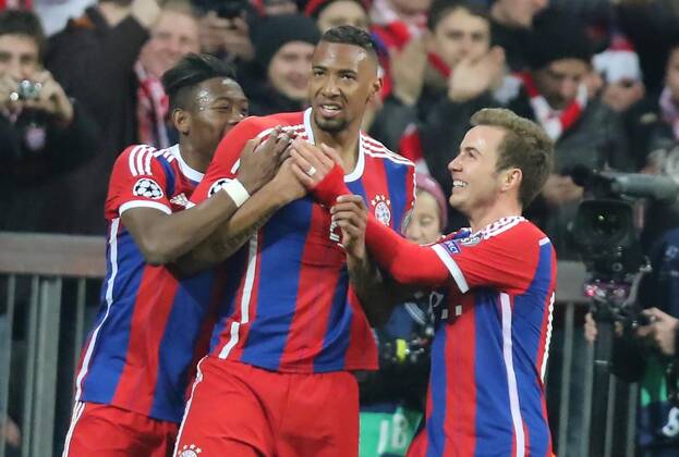 Jerome BOATENG (FCB 17) Torjubel, Jubel nach dem Tor zum 2-0 mit David ALABA, FCB 27 Mario GOETZE, FCB 19 FC BAYERN MUENCHEN - FC SCHACHTAR DONEZK , Fussball UEFA Champions League, Achtelfinale Rueckspiel, Muenchen, 11.03.2015 CL Saison 2014 2015, FCB, Muenchen