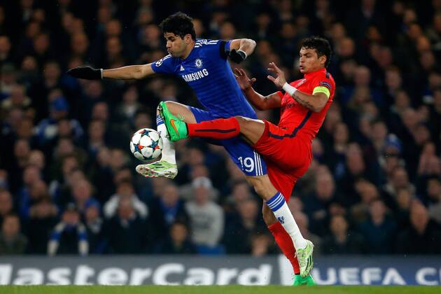 Chelsea s Diego Costa (L) is tackled by PSG s Thiago Silva - UEFA Champions League last 16 - Chelsea vs Paris Saint Germain - Stamford Bridge Stadium - London - England - 11th March 2015 - EDITORIAL USE ONLY. No use with unauthorised audio, video, data, fixture lists, club league logos or live services. Online in-match use limited to 120 images, no video emulation. No use in betting, games or single club league player publications.