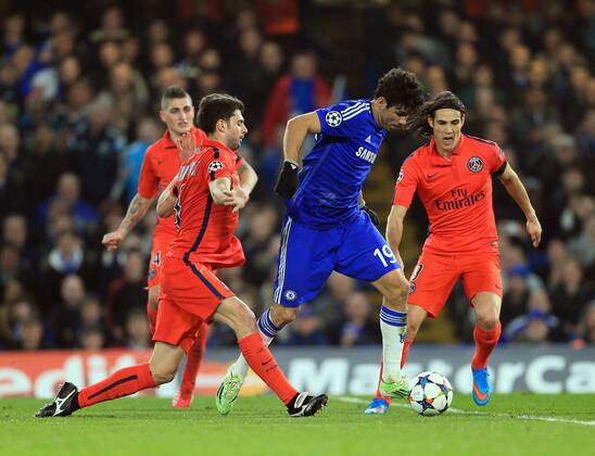 Chelsea s Diego Costa tussles with PSG s Thiago Motta Champions League Round of 16 Second leg- Chelsea vs Paris Saint-Germain - Stamford Bridge - England - 11th March 2015 - EDITORIAL USE ONLY. No use with unauthorised audio, video, data, fixture lists, club league logos or live services. Online in-match use limited to 120 images, no video emulation. No use in betting, games or single club league player publications.