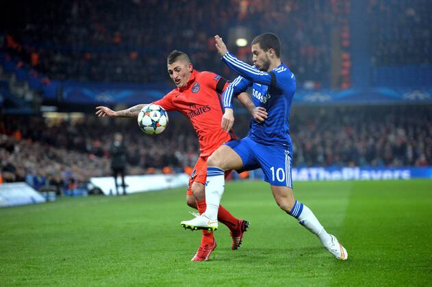 Marco Verratti (psg) - Eden Hazard (che) FOOTBALL : Chelsea vs Paris SG - Ligue des champions - 11 03 2015 AnthonyBIBARDFEP 