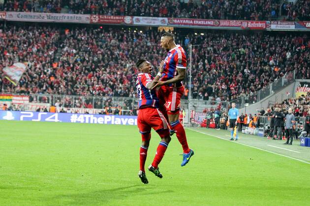 l-r: Torjubel von David Alaba 27 (FC Bayern Muenchen) und Jerome Boateng 17 (FC Bayern Muenchen) , FC Bayern Muenchen vs. Schachtar Donezk, Fussball, Champions League, 11.03.2015 EP_ckt