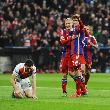 Jubel bei Thomas Mueller (FC Bayern Muenchen) nach seinem Treffer zum 4:0 FC Bayern Muenchen - Schachtar Donezk, Fussball, Champions League, Achtelfinale, Rueckspiel, 11.03.2015, EP_WSE