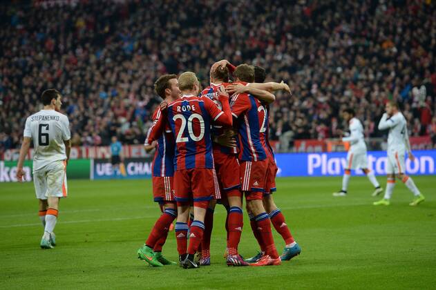 11.03.2015, xjhx, Fussball UEFA Champions League, FC Bayern Muenchen - Schachtar Donezk, v.l. Holger Badstuber (FC Bayern Muenchen) Torjubel, Goal celebration, celebrate the goal 5:0