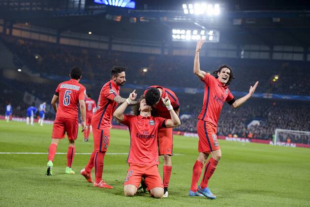 Jubel David Luiz (PSG) Edinson Cavani (PSG) Javier Pastore (PSG) - Chelsea FC vs Paris St Germain (PSG) - - 11 03 2015 JBAutissier 