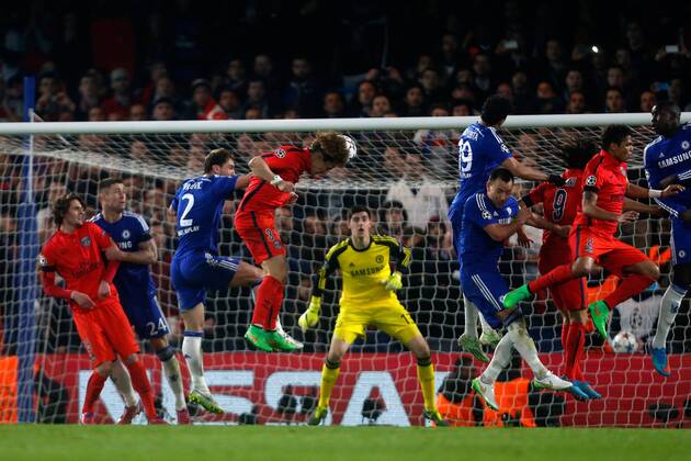PSG s David Luiz scores his sides first goal - UEFA Champions League last 16 - Chelsea vs Paris Saint Germain - Stamford Bridge Stadium - London - England - 11th March 2015 - EDITORIAL USE ONLY. No use with unauthorised audio, video, data, fixture lists, club league logos or live services. Online in-match use limited to 120 images, no video emulation. No use in betting, games or single club league player publications.