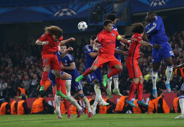 PSG s David Luiz scoring his sides opening goal Champions League Round of 16 Second leg- Chelsea vs Paris Saint-Germain - Stamford Bridge - England - 11th March 2015 - EDITORIAL USE ONLY. No use with unauthorised audio, video, data, fixture lists, club league logos or live services. Online in-match use limited to 120 images, no video emulation. No use in betting, games or single club league player publications.