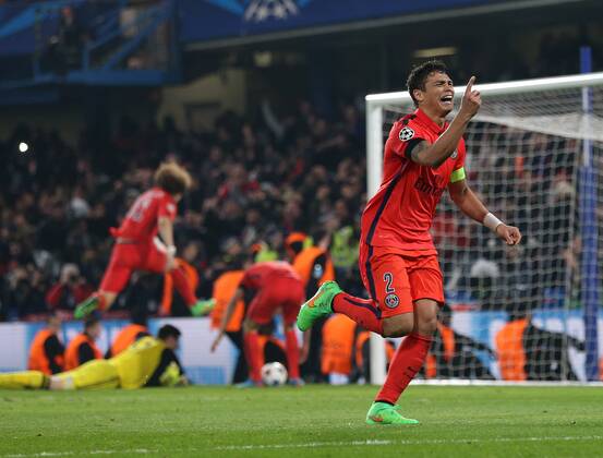 PSG s Thiago Silva celebrates scoring his sides second goal Champions League Round of 16 Second leg- Chelsea vs Paris Saint-Germain - Stamford Bridge - England - 11th March 2015 - EDITORIAL USE ONLY. No use with unauthorised audio, video, data, fixture lists, club league logos or live services. Online in-match use limited to 120 images, no video emulation. No use in betting, games or single club league player publications.