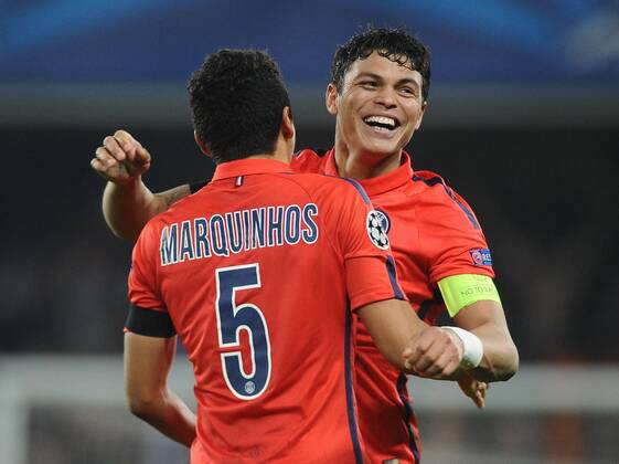 Football - 2014 2015 Champions League - Round of 16, Second Leg: Chelsea 1 vs. Paris Saint-Germain 1 Thiago Silva of PSG celebrates on the final whistle at Stamford Bridge. COLORSPORT ANDREW COWIE 
