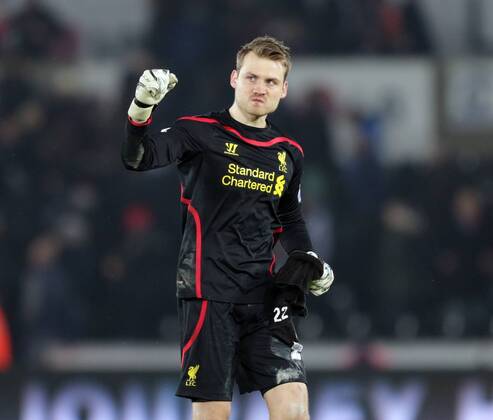 Simon Mignolet of Liverpool celebrates the win - Barclays Premier League - Swansea City vs Liverpool - Liberty Stadium - Swansea - Wales - 16th March 2015 - Picture Simon Bellis Sportimage EDITORIAL USE ONLY. No use with unauthorised audio, video, data, fixture lists, club league logos or live services. Online in-match use limited to 120 images, no video emulation. No use in betting, games or single club league player publications.