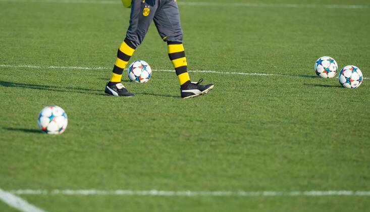 Dienstag 17.03.2015, CL, UEFA Champions League, Saison 2014 2015, Abschlusstraining in Dortmund, BV Borussia Dortmund, Feature, Beine, Stutzen, Champions League Baelle, Rasen, Hintergrund, Hinterleger DeFodi01045019857