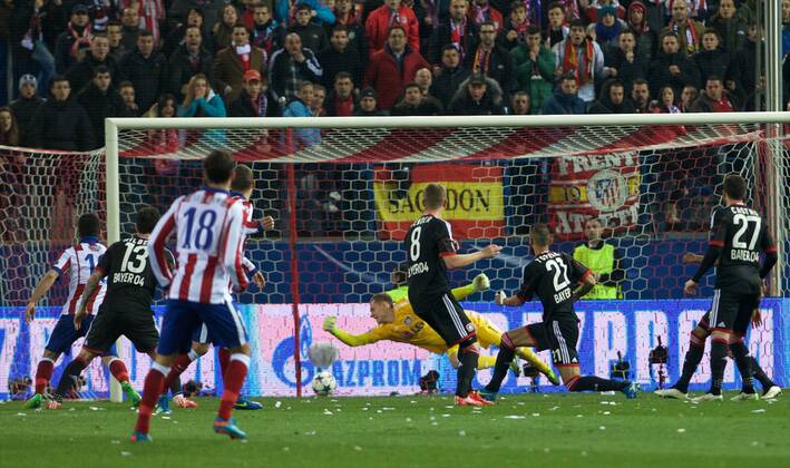 Atletico de Madrid Midfielder, Mario Suarez Mata, number 4 celebrates after scoring a goal (0,0). Round 1 8 of the CHAMPIONS league, soccer match between Atletico de Madrid - Bayer 04 Leverkusen at the Vicente Calderon estadium, Madrid - Spain by March 17, 2015. PHOTO: GregorioxLopez. 